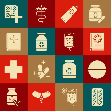 Set Pills in blister pack Medicine pill or tablet Medical book Ointment cream tube medicine bottle and IV bag icon. Vector.