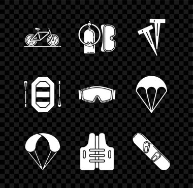 Set Bicycle Diving mask and aqualung Pegs for tents Parachute Life jacket Snowboard Rafting boat and Ski goggles icon. Vector.