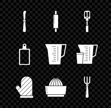 Set Knife Rolling pin Spatula Oven glove Citrus fruit juicer Fork Cutting board and Measuring cup icon. Vector.