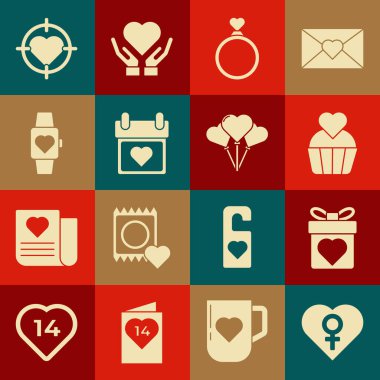 Set Heart with female gender Gift box heart Wedding cake rings Calendar the center wrist watch of darts target aim and Balloons form icon. Vector.