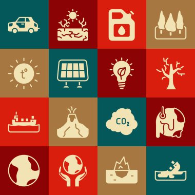 Set Wrecked oil tanker ship Global warming Withered tree Canister for gasoline Solar energy panel Sun Car and Light bulb with leaf icon. Vector.