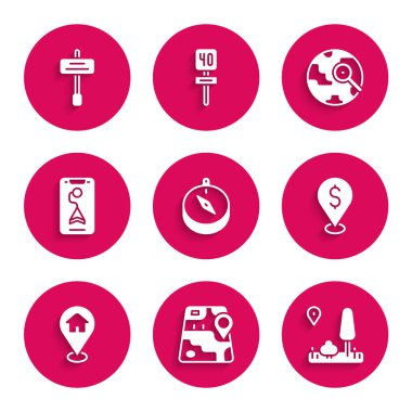Set Compass City map navigation Cash location Location with house Magnifying glass globe and Road traffic sign icon. Vector.