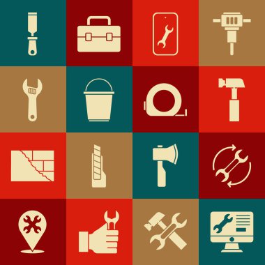 Set Computer monitor service Wrench and arrows as workflow Hammer Mobile Bucket Adjustable wrench Rasp metal file and Roulette construction icon. Vector.