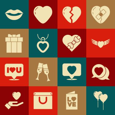 Set Balloons in form of heart Heart speech bubble with wings Broken Necklace shaped Gift box Smiling lips and Candy icon. Vector.
