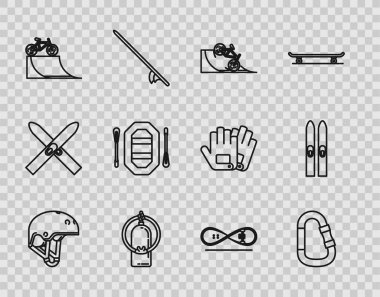 Set line Helmet Carabiner Bicycle on street ramp Aqualung Rafting boat Skateboard trick and Ski and sticks icon. Vector.