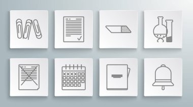 Set line Exam paper with incorrect answers survey sheet check mark Calendar Notebook Ringing bell Eraser rubber Test tube and flask chemical laboratory test and Paper clip icon. Vector.