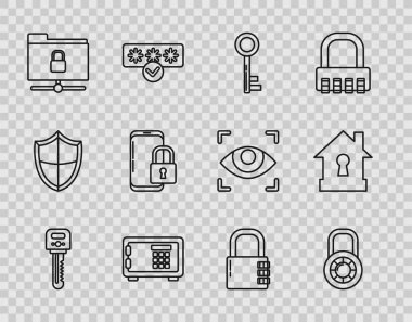 Set line Key Safe combination lock wheel FTP folder and Smartphone with closed padlock and House under protection icon. Vector.