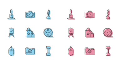 Set line Computer mouse Photo camera Shovel in the ground Dumbbell Paper shopping bag Film reel Wood easel or painting art boards and icon. Vector.
