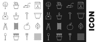 Set line Garden fence wooden Leaf Flower pot Lawn mower Plant in Kitchen apron Tree and Hammer icon. Vector.