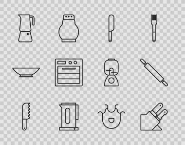 Set line Bread knife Knife Kettle with handle Moka pot Oven Kitchen apron and Rolling pin icon. Vector.