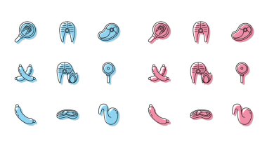 Set line Sausage Steak meat Fish steak in frying pan Fried chicken wing Grilled fish and fire flame Frying Crossed sausage and icon. Vector.