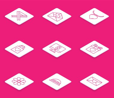 Set line Breast cancer awareness ribbon Envelope with 8 March Necklace heart shaped pendant Shopping bag monitore Gift box and Flower and Elegant women hat icon. Vector.