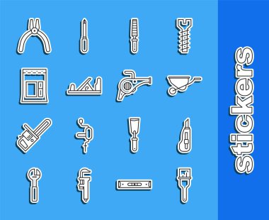 Set line Paint brush Stationery knife Wheelbarrow Chisel tool for wood Wood plane Cement bag Pliers and Leaf garden blower icon. Vector.