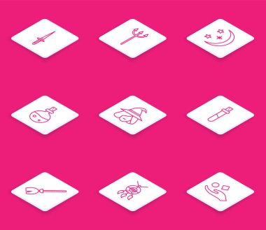 Set line Dagger Neptune Trident Moon and stars Bottle with love potion Witch Witches broom and Dream catcher feathers icon. Vector.