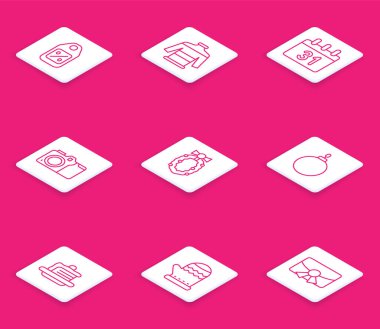 Set line Price tag with Sale Christmas sweater Calendar Photo camera wreath ball Cake and mitten icon. Vector.