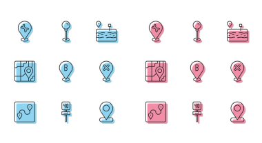 Set line Route location Road traffic sign Car service Location with cross mark City map navigation and Push pin icon. Vector.