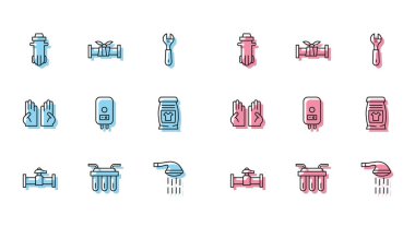 Set line Industry pipe and valve Water filter Shower Electric boiler Laundry detergent Rubber gloves and metallic icon. Vector.