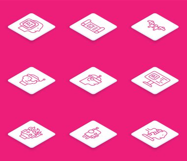 Set line Humanoid robot Robot blueprint Drone Smart glasses Software burned out and icon. Vector.