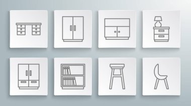 Set line Wardrobe Library bookshelf Chair Armchair Furniture nightstand with lamp and Office desk icon. Vector.