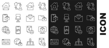 Set line Time management Online working Video camera Off home Office chair Freelancer and Briefcase icon. Vector.