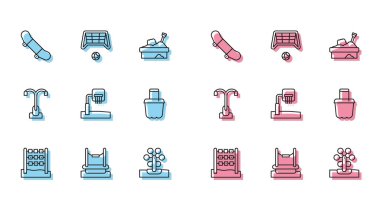 Set line Tic tac toe game Bungee Skateboard trick Ferris wheel Basketball backboard Sand in bucket Street light and Soccer goal with icon. Vector.