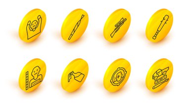 Set line Car theft Headshot Cocktail molotov Suspect criminal Baseball bat with nails Sniper rifle scope Marijuana joint and Thief surrendering hands up icon. Vector.