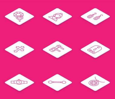 Set line Gem stone Consultant of jewelry store Earrings Christian cross Calliper caliper and scale Price tag with dollar Wrist watch and Piercing icon. Vector.