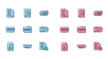 Set line Uninterruptible power supply RAM random access memory Case of computer Hard disk drive HDD Video graphic card and icon. Vector.