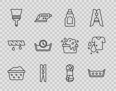 Set line Basin with soap suds Temperature wash Bottle for cleaning agent Clothes pin Rubber cleaner windows Time Yarn and Dirty t-shirt icon. Vector.