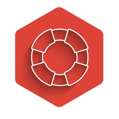 Beyaz çizgi Lifebuoy simgesi uzun gölgeli izole edilmiş. Can simidi sembolü. Kırmızı altıgen düğmesi. Vektör.