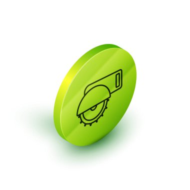 Isometric line Electric circular saw with steel toothed disc icon isolated on white background. Electric hand tool for cutting wood or metal. Green circle button. Vector.
