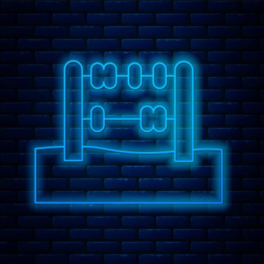 Parlayan neon hattı Abaküs simgesi tuğla duvar arkasında izole edildi. Geleneksel sayım çerçevesi. Eğitim işareti. Matematik okulu. Vektör.