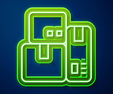 Mavi arka planda izole edilmiş bir çek ikonu olan parlak neon hattı yazar kasa makinesi. Kasiyer tabelası. Tabut sembolü. Vektör.