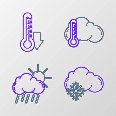 Set line Cloud with snow rain and sun Thermometer cloud and icon. Vector.