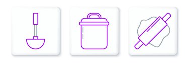 Set line Rolling pin Kitchen ladle and Cooking pot icon. Vector.