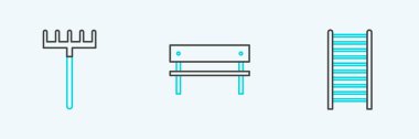 Set line Wooden staircase Garden rake and Bench icon. Vector.