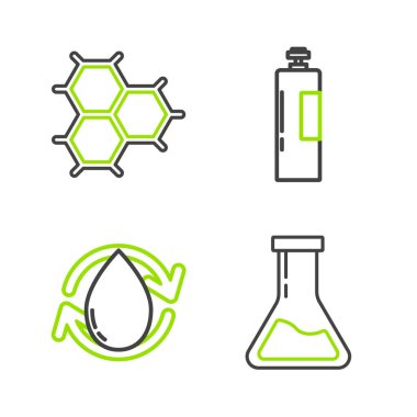 Set line Test tube and flask Oil drop Industrial gas cylinder tank and Chemical formula consisting of benzene rings icon. Vector.