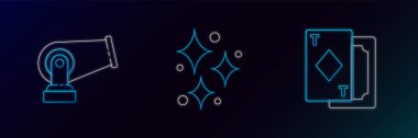 Set line Playing cards Cannon and Sparkle stars with magical glitter icon. Glowing neon. Vector.