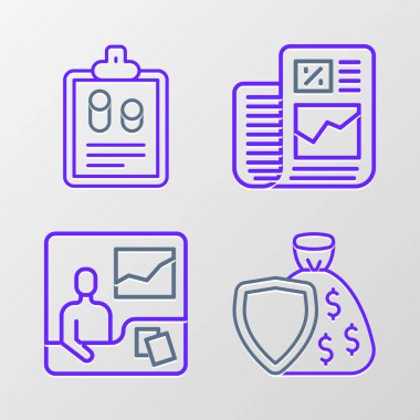 Set line Shield and money bag Trading courses Business finance report and icon. Vector.