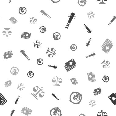 Set Baseball bat with nails, Headshot, Playing cards and Scales of justice on seamless pattern. Vector.