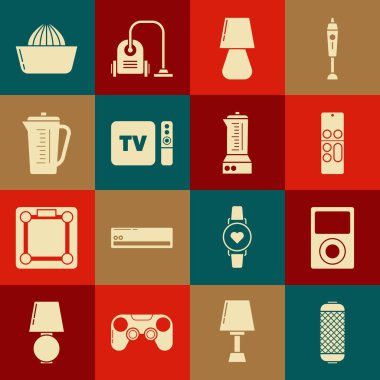 Set Stereo speaker, Music player, Remote control, Table lamp, TV box receiver and with remote controller, Measuring cup, Citrus fruit juicer and Blender icon. Vector