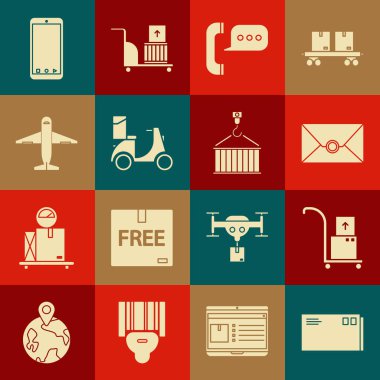 Set Envelope, Hand truck and boxes, Telephone with speech bubble chat, Scooter delivery, Plane, Mobile app tracking and Container crane icon. Vector