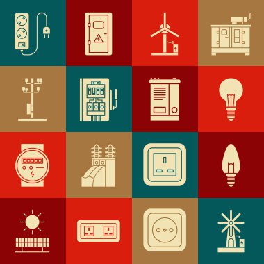 Set Wind turbine, Light bulb, with concept of idea, Electrical panel, High voltage power pole line, extension cord and Car battery icon. Vector