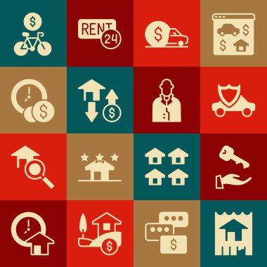 Set House, key, Car with shield, rental, dollar, Time is money, Bicycle mobile app and Realtor icon. Vector