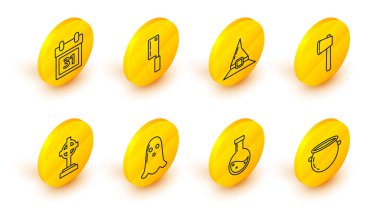 Set line Halloween witch cauldron, Bottle with potion, Ghost, Tombstone cross, Wooden axe, Witch hat, Meat chopper and Calendar date 31 october icon. Vector