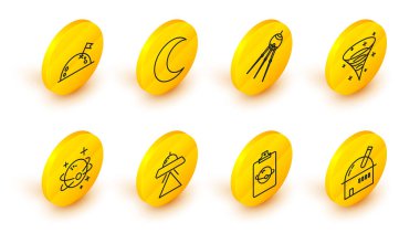 Set line Astronomical observatory, Planet, UFO flying spaceship, Black hole, Satellite, Moon and stars and with flag icon. Vector