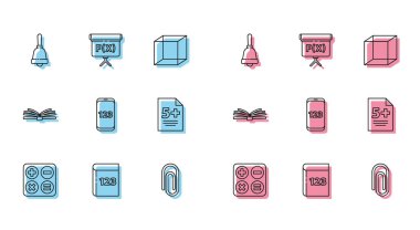 Set line Square root, Test or exam sheet and pen, Book with word mathematics, Calculator, Mobile calculator interface and Geometric figure Cube icon. Vector