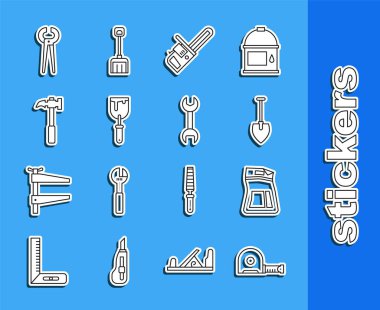Set line Roulette construction, Cement bag, Shovel, Chainsaw, Putty knife, Claw hammer, Pincers and pliers and Wrench spanner icon. Vector