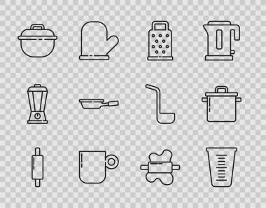 Set line Rolling pin, Measuring cup, Grater, Coffee, Cooking pot, Frying pan, on dough and  icon. Vector