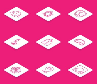 Set line Wetsuit, Turtle, Diving mask, Knife, Aqualung, Glasses and cap,  and Scallop sea shell icon. Vector